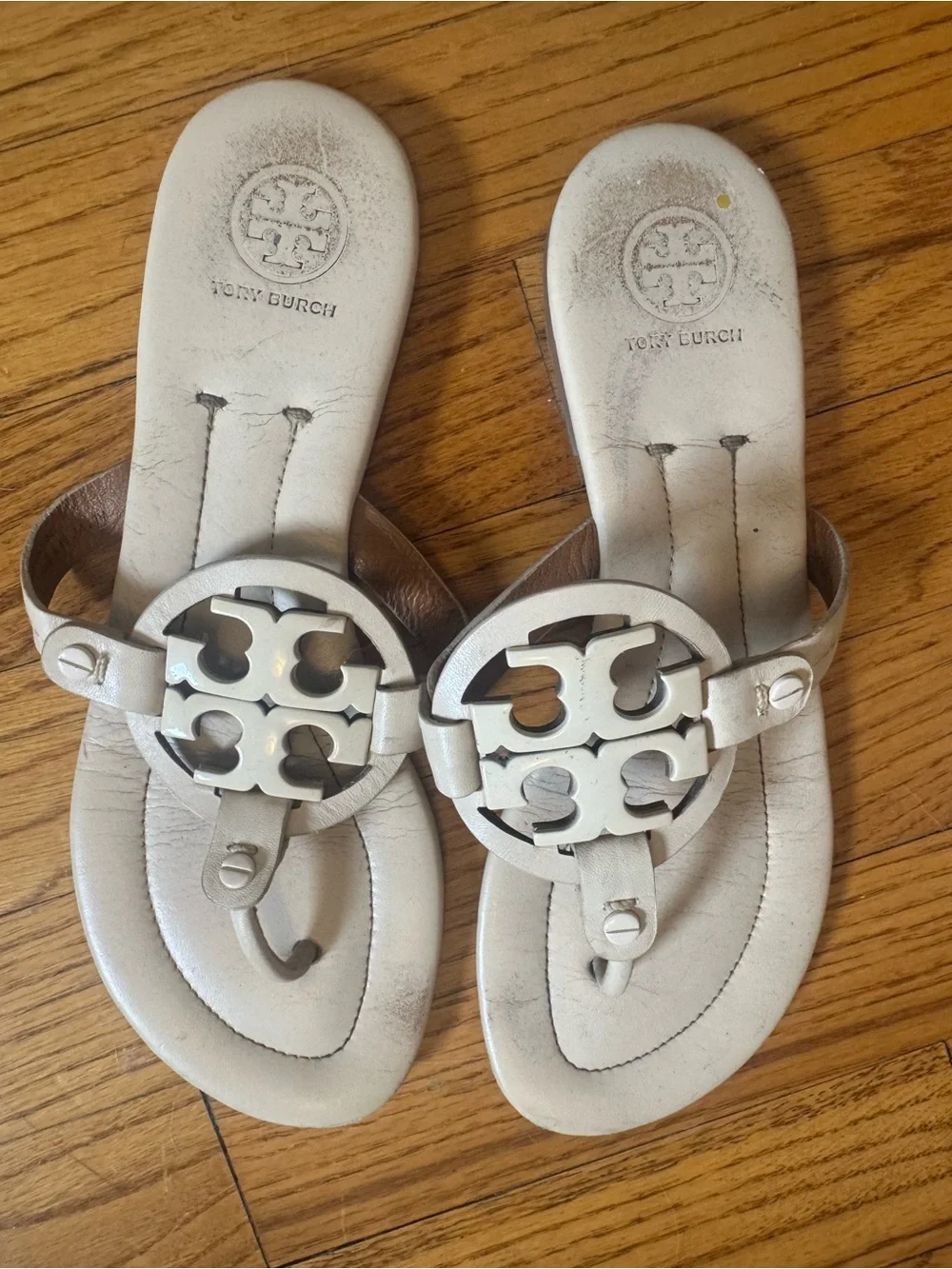 Tory Burch Cream Leather Logo Thong Sandals